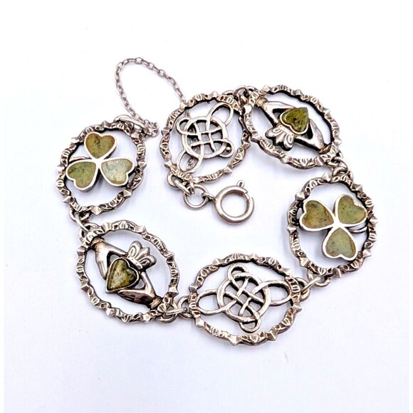 Irish Sterling Silver Connemara Marble Celtic Knot Shamrock Claddagh Bracelet - Picture 1 of 16